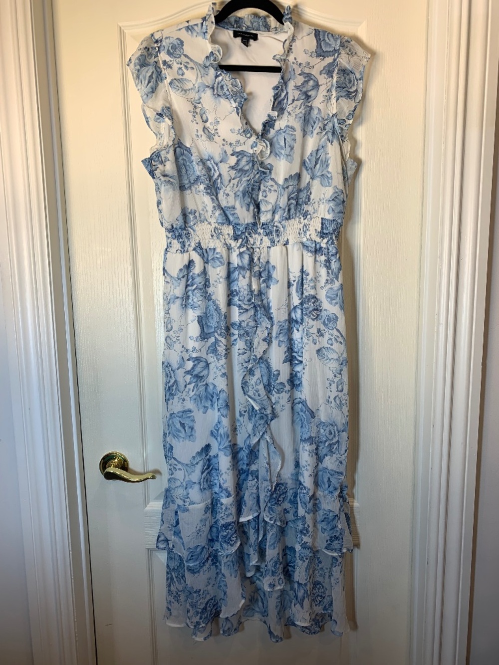 Tamara H Blue & White Floral Maxi Dress XL | Ruffle Trim Boho Cottagecore